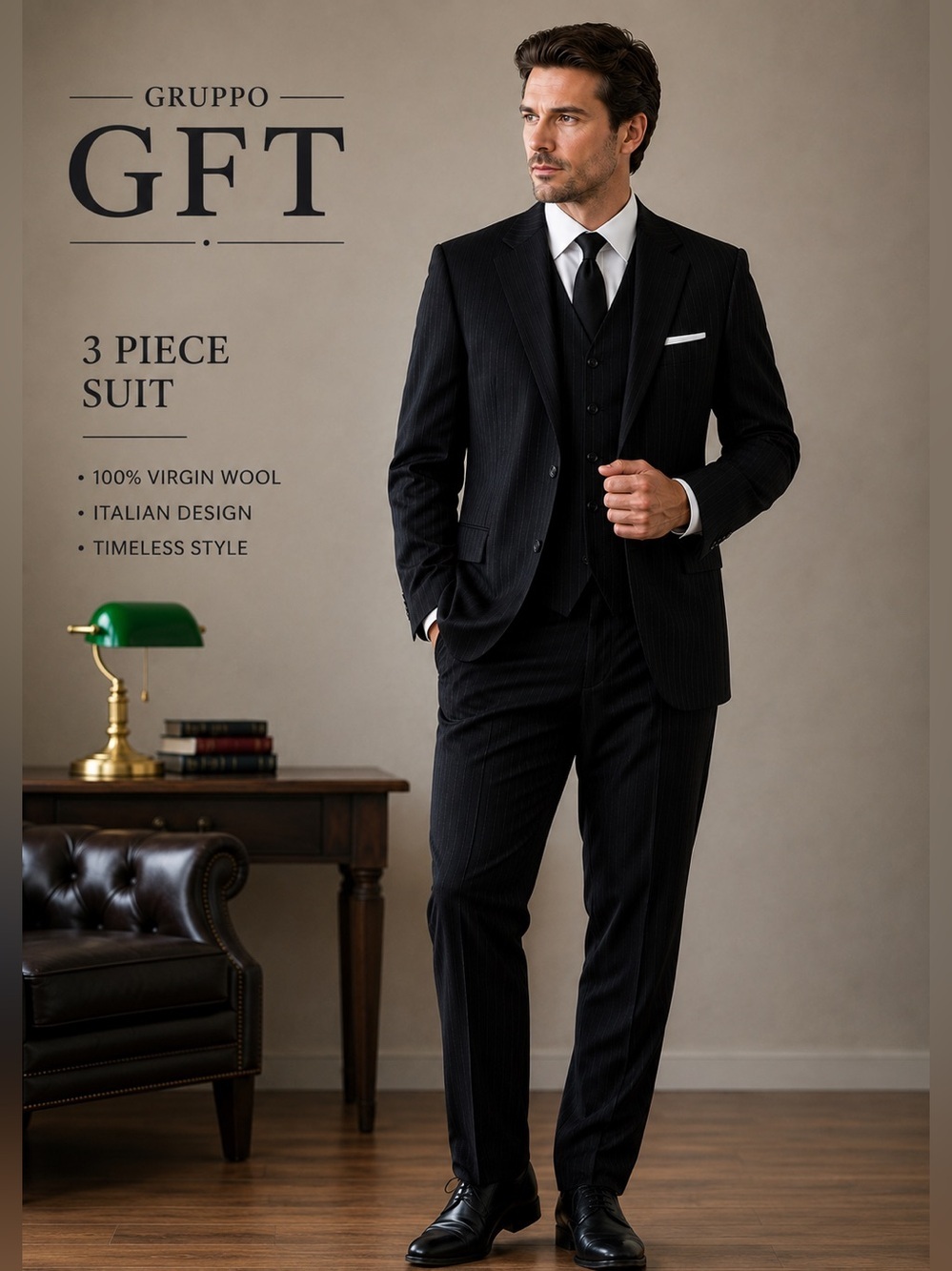 Gruppo GFT 3 Piece Suit 100% Virgin Wool Pinstripe - 42R - 35x30 - Picture 1 of 12